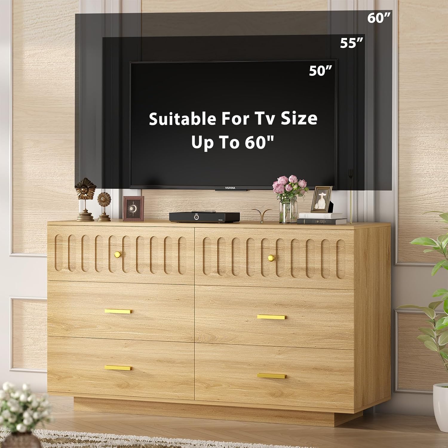 IBF Modern Fluted 6 Drawer Dresser for Bedroom, Fluted 55 Inch Chest of Drawers for Kid Adult Closet, Large Wood Clothes Storage Dresser with Anti-Tipping Device for Living Room Hallway, Oak