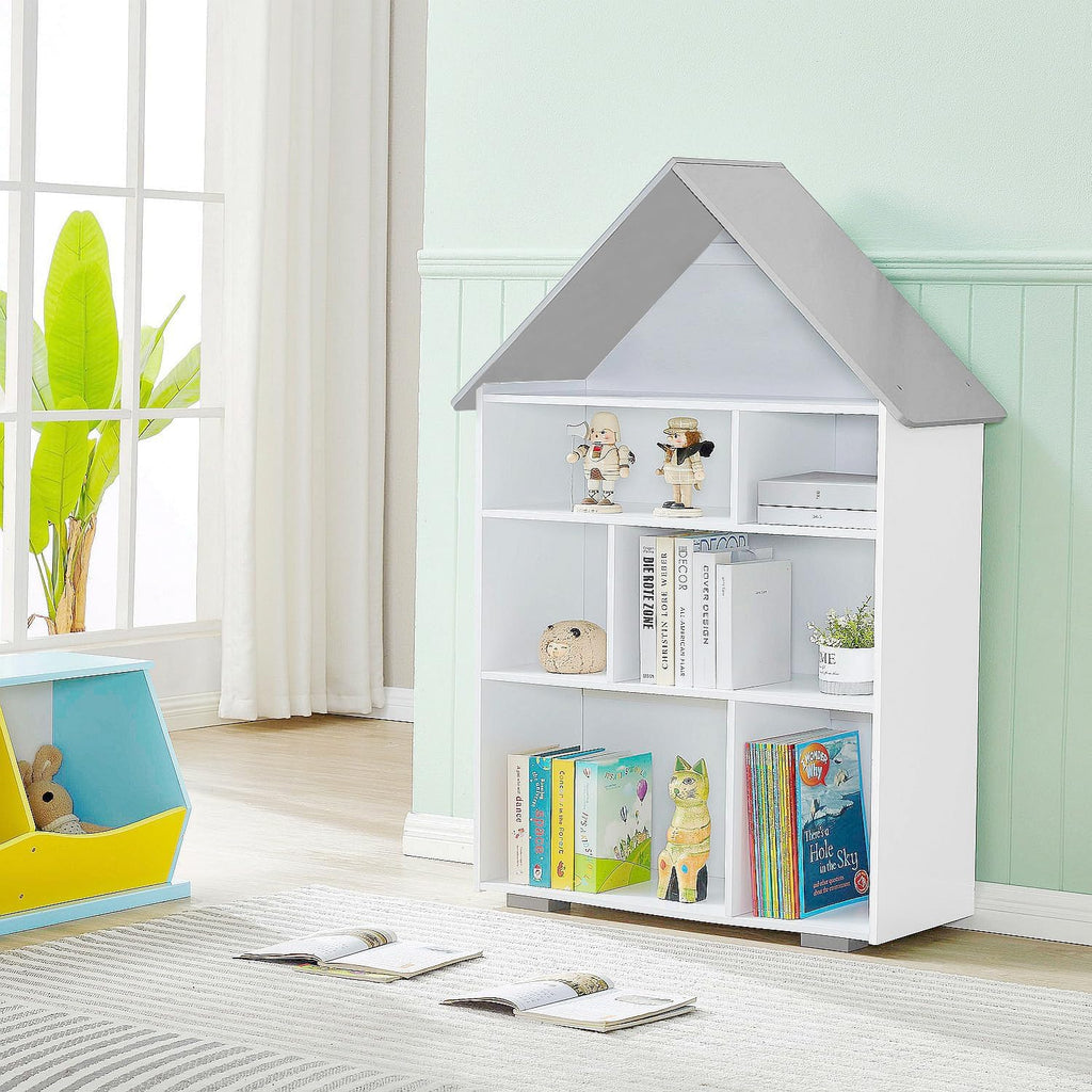 Wooden Dollhouse Bookshelf 4-Tier Children's Bookcase Display Storage Doll House Organizer Furniture for Kids Bedroom Playroom Nursery Kindergarten Gift for Girls Boys Ages 3-8 Years Old