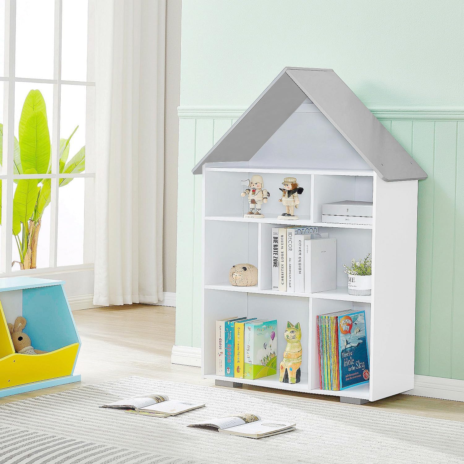 Wooden Dollhouse Bookshelf 4-Tier Children's Bookcase Display Storage Doll House Organizer Furniture for Kids Bedroom Playroom Nursery Kindergarten Gift for Girls Boys Ages 3-8 Years Old