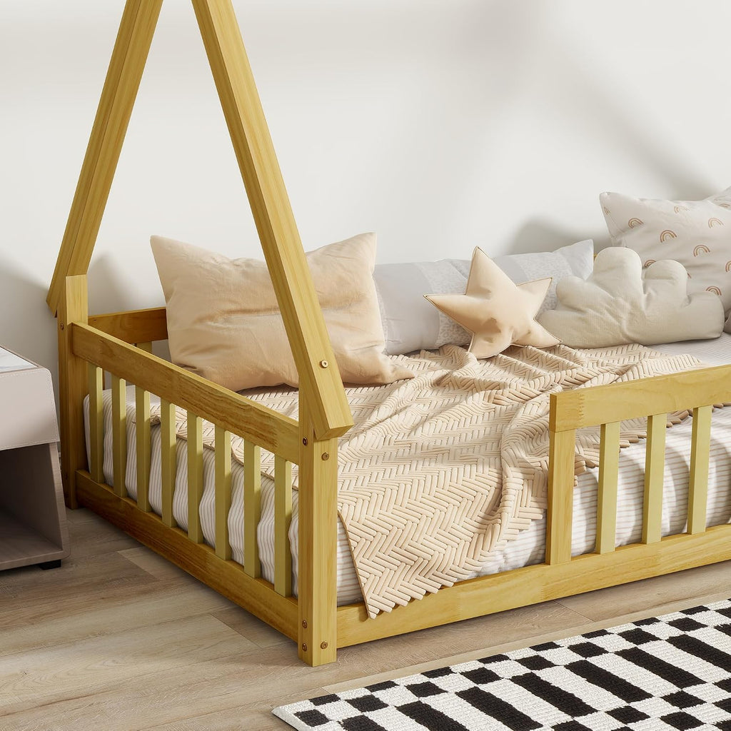 Twin Size Tent Floor Bed for Kids,Teepee Montessori Floor Bed with Fence and Slats for Girls Boys,Natural