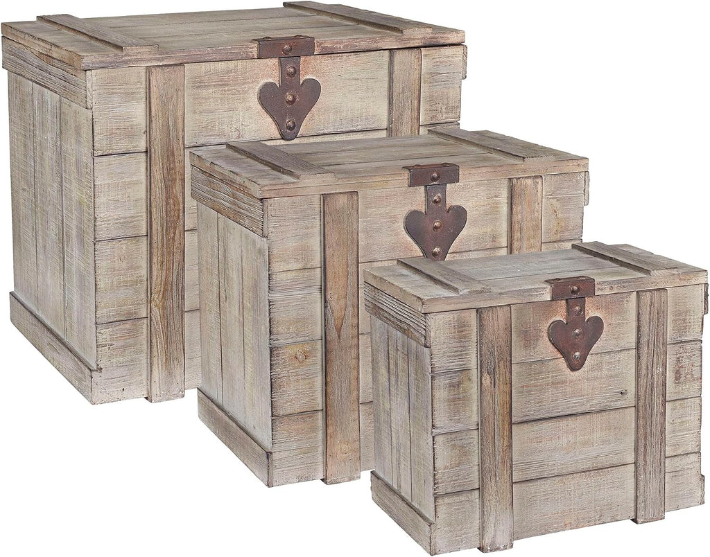 Household Essentials Antiqued Decorative Trunk, 3 Piece Set, Small, Medium and Large, Chinese Fir Panel and MDF, Smooth Backing and Metal Hinge Accent, Flat Top and Stay-Open Lid