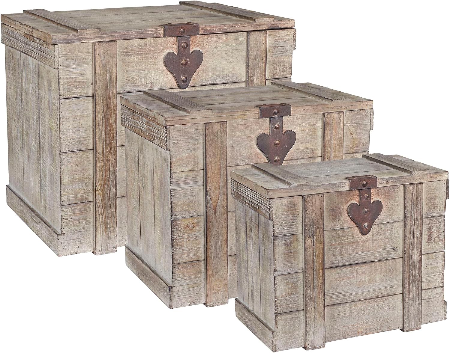 Household Essentials Antiqued Decorative Trunk, 3 Piece Set, Small, Medium and Large, Chinese Fir Panel and MDF, Smooth Backing and Metal Hinge Accent, Flat Top and Stay-Open Lid