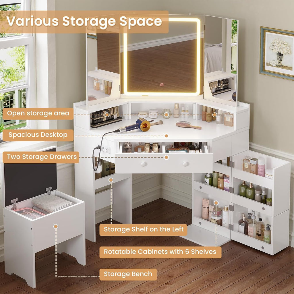 HAUOMS Vanity Desk with Tri-Fold Mirror and Lights, Storage Stool, Corner Makeup Vanities with Drawers & Power Outlet, 3 Light Settings, Dimmable for Bedroom, Women Girls, White
