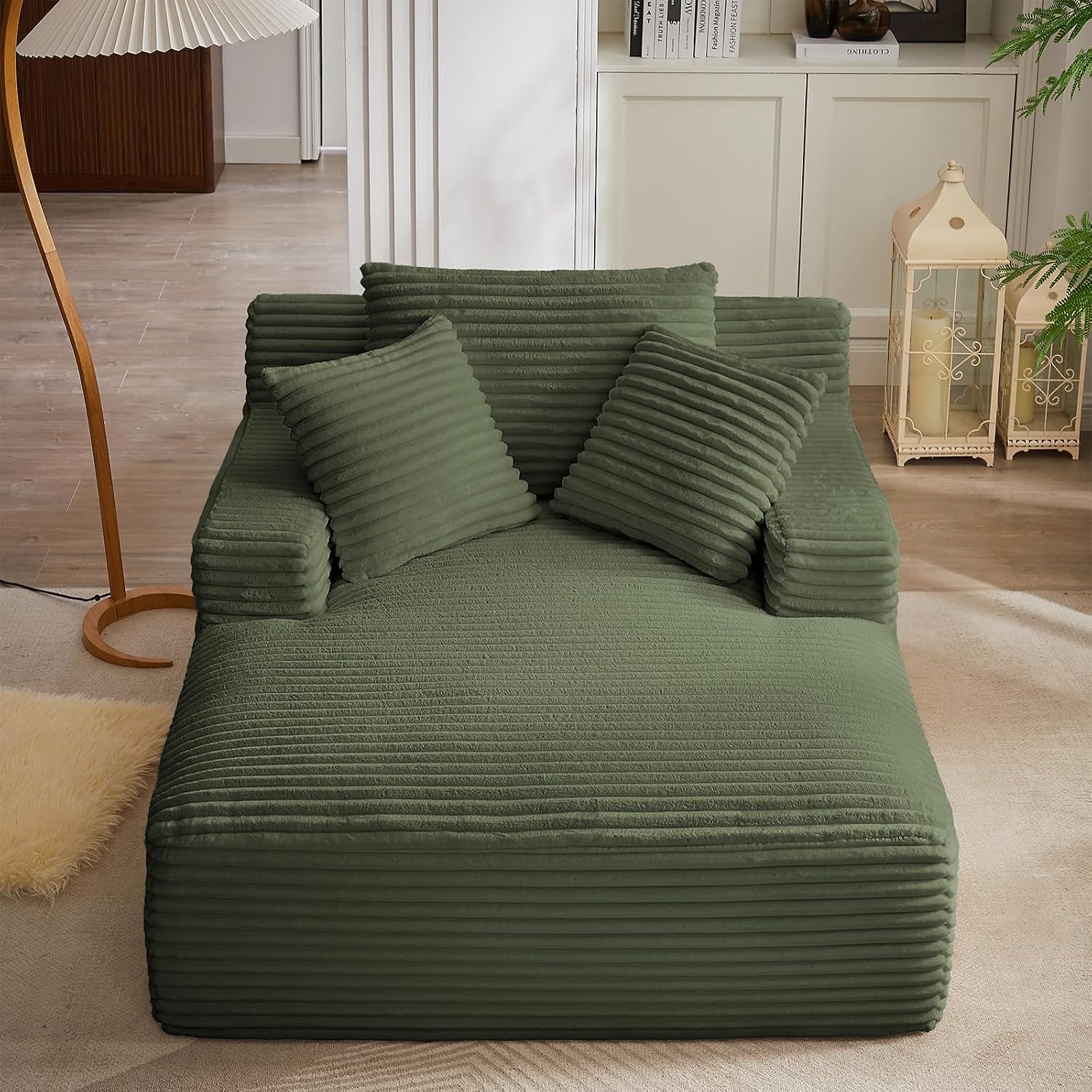 Oversized Chaise Lounge Chair Indoor, 66' Cloud Boneless Sleeper Couch Corduroy Upholstered Sofa Bed Deep Seat Comfy Reading Chair with 3 Pillows for Living Room Bedroom, Green