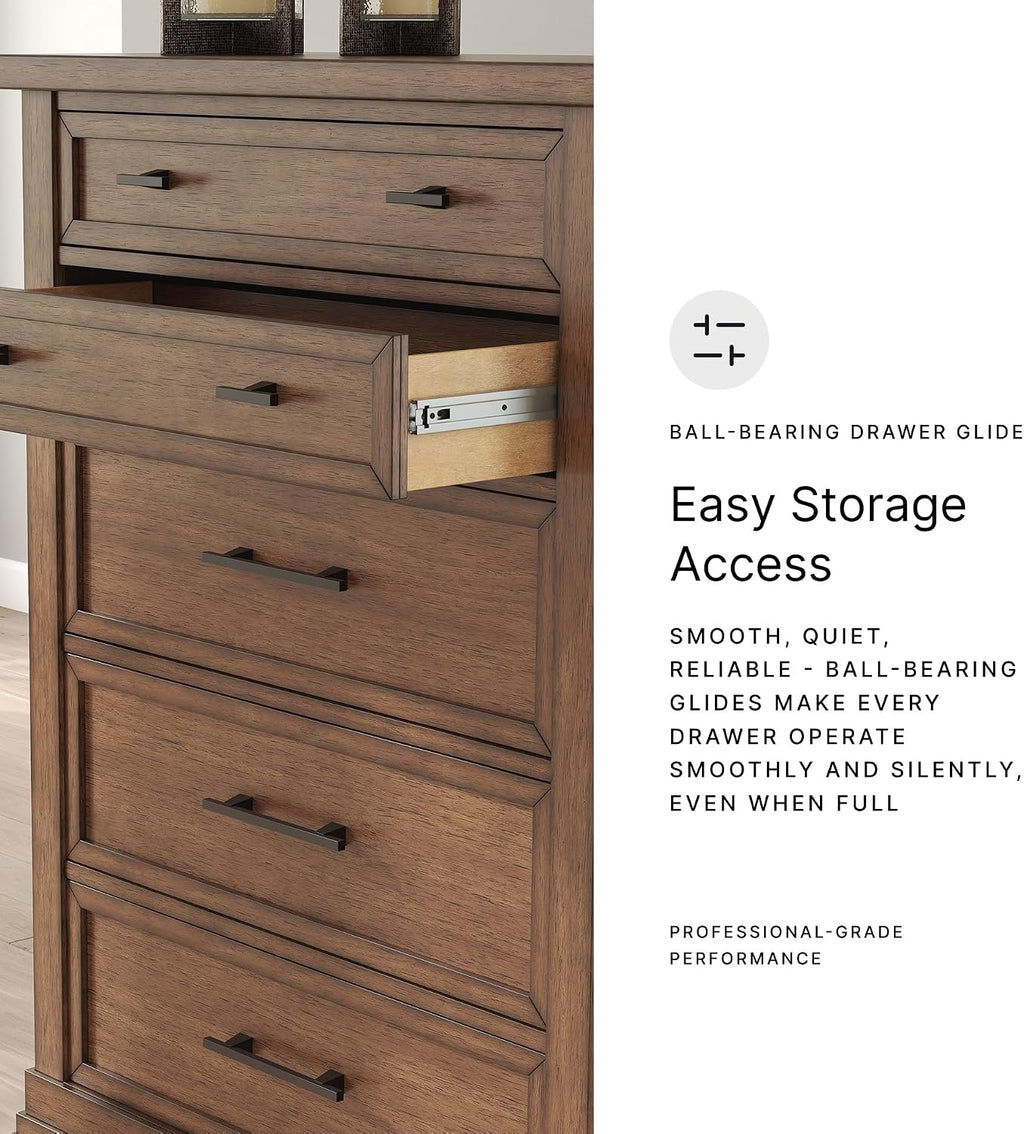 Signature Design by Ashley Taffenbrook Farmhouse 5-Drawer Chest with Felt-Lined Top Drawer and Easy Glide for Bedroom, Dark Brown