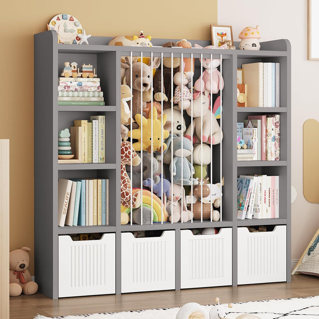 ONBRILL Toy Storage Organizer, Toddler Stuffed Animal Storage, Kids Toy Shelf with 6 Open Cubbies & 4 Movable Toy Chest, Bookshelf for Kids Room Playroom Bedroom Nursery (Grey)