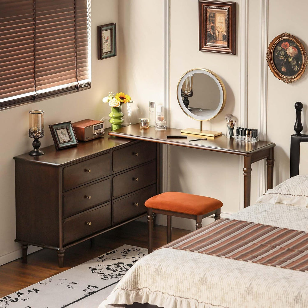YESWOOD Large Vanity Desk with 6 Storage Dresser, Poplar Wood Adjustale Makeup Table for Girls, Vanity Set for Bedroom, Living Room, 97' D x 16' W x 31' H（no Chair no Mirror）
