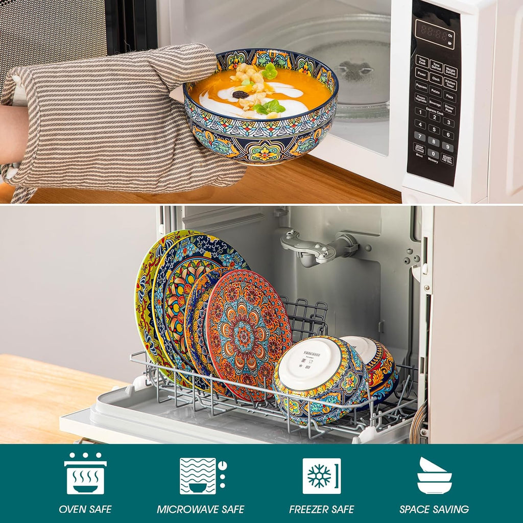 vancasso 18-Piece Dinnerware Sets,Ceramic Plates and Bowls Sets Service for 6, Bohemian Style Porcelain Dishes Set for 6, Microwave and Dishwasher Safe, Scratch Resistant,Non Toxic, Series KRVI