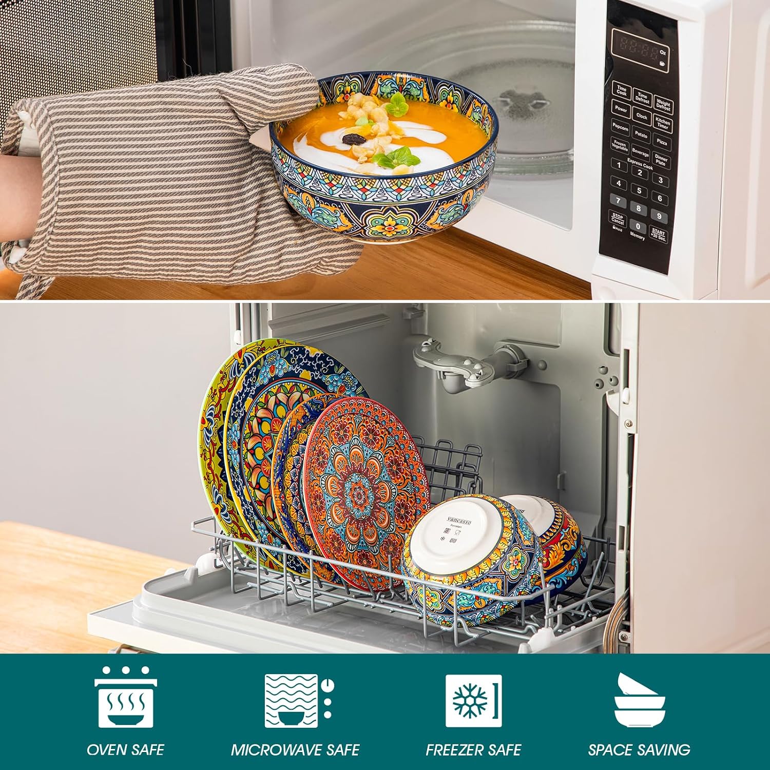 vancasso 18-Piece Dinnerware Sets,Ceramic Plates and Bowls Sets Service for 6, Bohemian Style Porcelain Dishes Set for 6, Microwave and Dishwasher Safe, Scratch Resistant,Non Toxic, Series KRVI