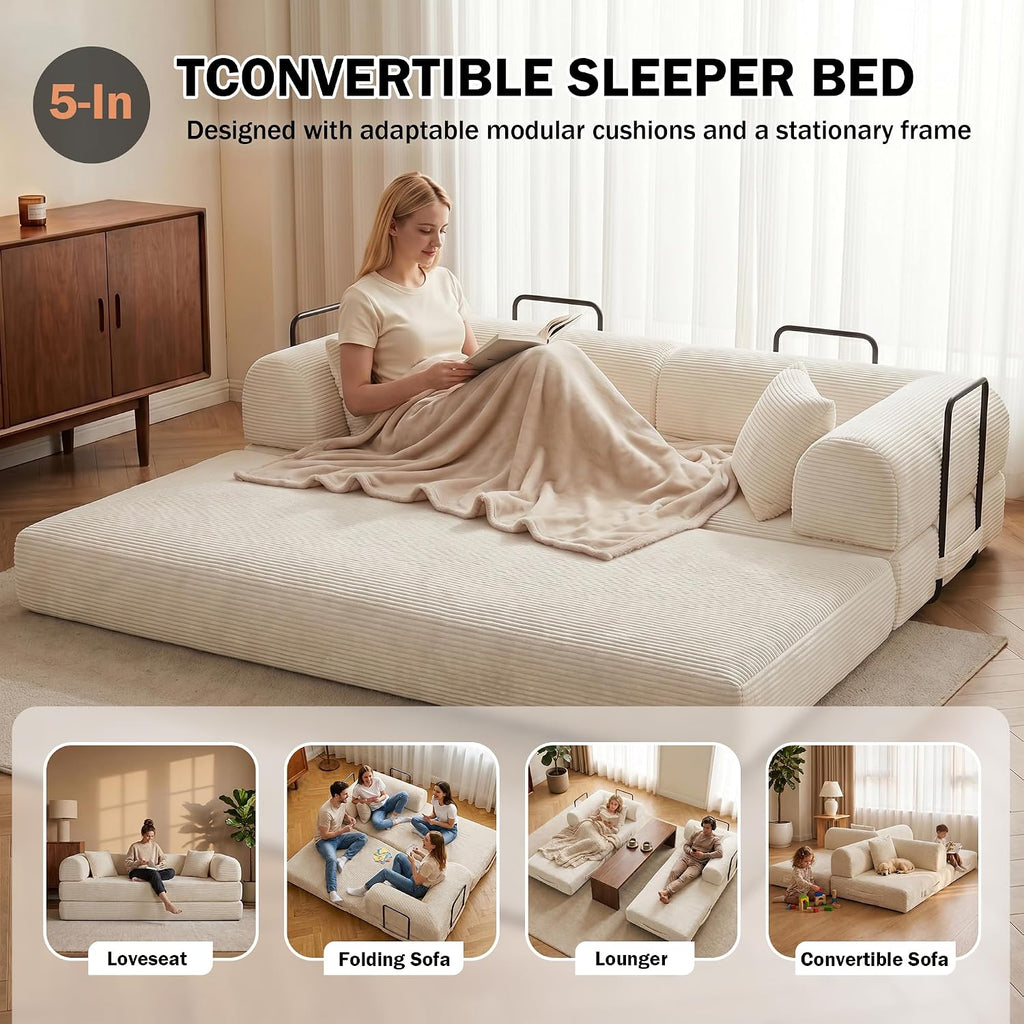 79'' Convertible Lounge Sofa Bed, 5-in-1 Corduroy Sleeper Couch with Pull Out Bed, Folding Floor Sofa for Living Room, Oversized Design, No Assembly (Beige White)