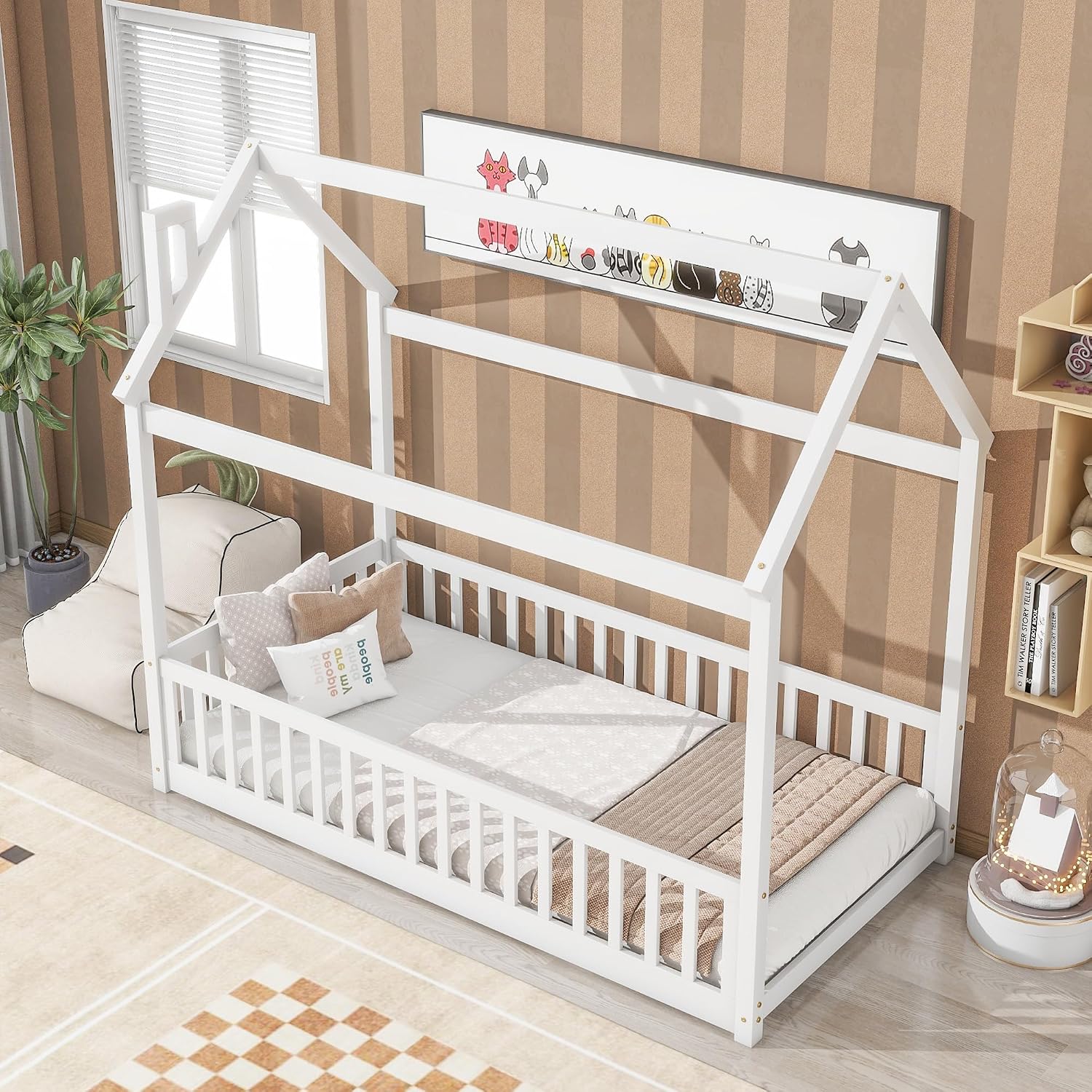 Twin Floor Bed with Slats, Twin Floor Bed for Children, Wooden Montessori Bed with Fence, House Bed for Boys Girls Bedroom - White