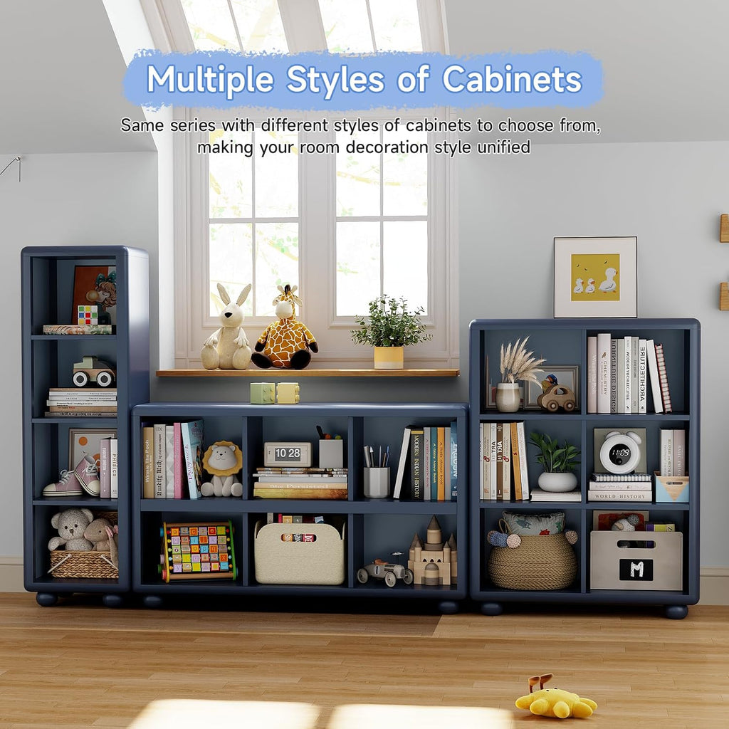 Kids Bookshelf, Large Wooden Bookcase with 6 Cube Storage, Girl Toy Storage Organizer Cabinet with Child Safe Paint&Thick Board, Boy Tall Book Shelves Nook for Office Playroom Living Room (Navy Blue)