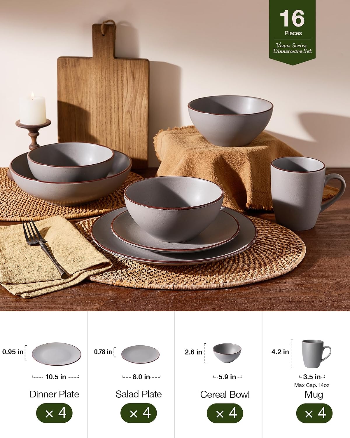 Famiware Venus 16-Piece Stoneware Dinnerware Sets with Mugs, Plates, Bowls, Service for 4, Matte Dark Gray - Modern Ceramic Chip‑Resistant Dishes for Everyday & Formal Use, Microwave & Dishwasher Safe