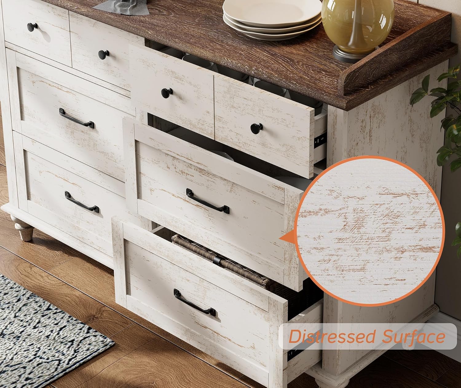 WAMPAT 3 Piece Bedroom Set - Includes 6 Drawer Dresser, Set of 2 Farmhouse Nightstands with Charging Station & Drawers & Cubby, 3 Piece Dresser and Nightstand Sets, Antique White