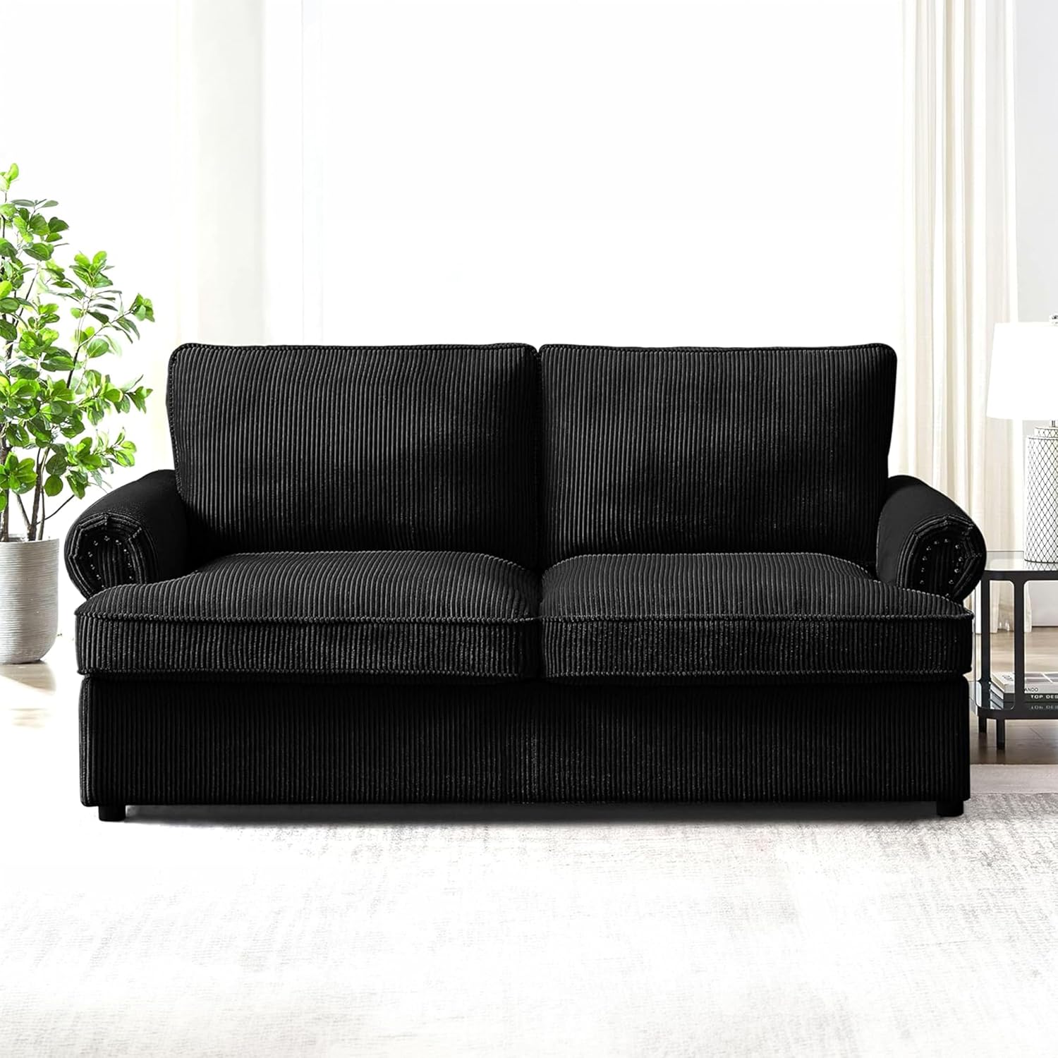 Reversible Sleeper Sofa Bed with Comfortable Memory Foam Mattress, Convertible Corduroy Full Size Pull Out Couch for Living Room, Space Saving Furniture, 76' Wide, Rounded Arms, Black
