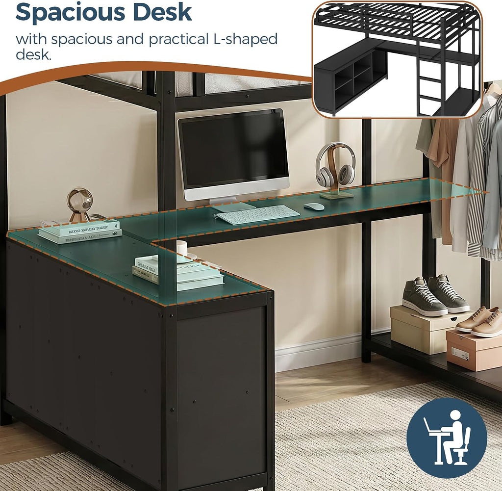 Full Size Loft Bed with Desk and Storage, Metal Loft Bed for Small Spaces,Full Loft Bed Frame for Bedroom,Black