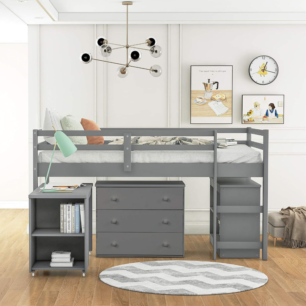 JIVOIT Twin Size Low Loft Bed with Rolling Portable Desk, Wooden Loft Bed with Cabinet/Bookshelf/Drawers/Open Shelves for Kids Teens Adults, No Box Spring Required (Gray-Twin-Rolling Portable Desk)