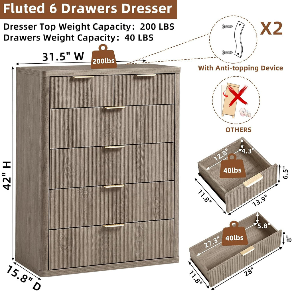 LEYAOYAO Fluted 6 Drawers Dresser for Bedroom Set of 2, 42' Tall Modern Chest of Drawers with Metal Handle, Curved Profile Design,Grey Wood Drawer Organizer for Bedroom, Living Room, Hallway