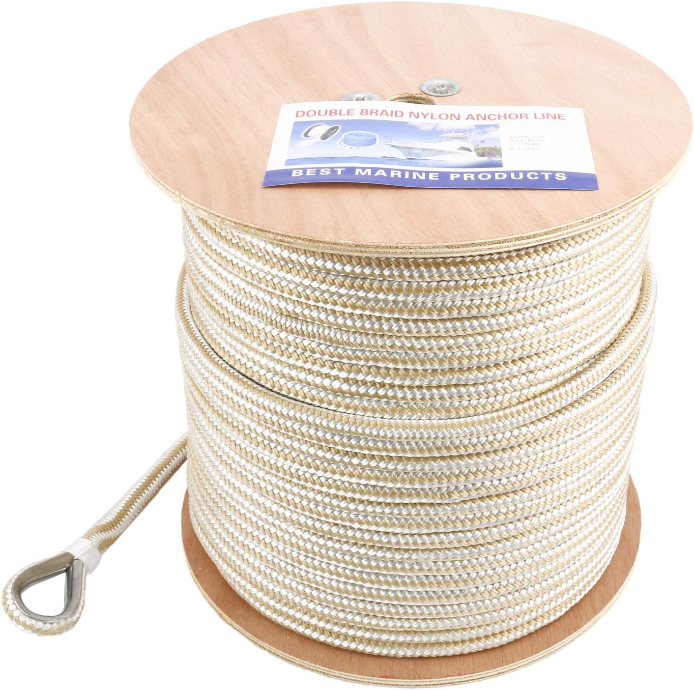 NovelBee 1/2 Inch X 600 Feet Double Braid Nylon Anchor Line with Stainless Steel Thimble and Wood Chuck (White/Gold)