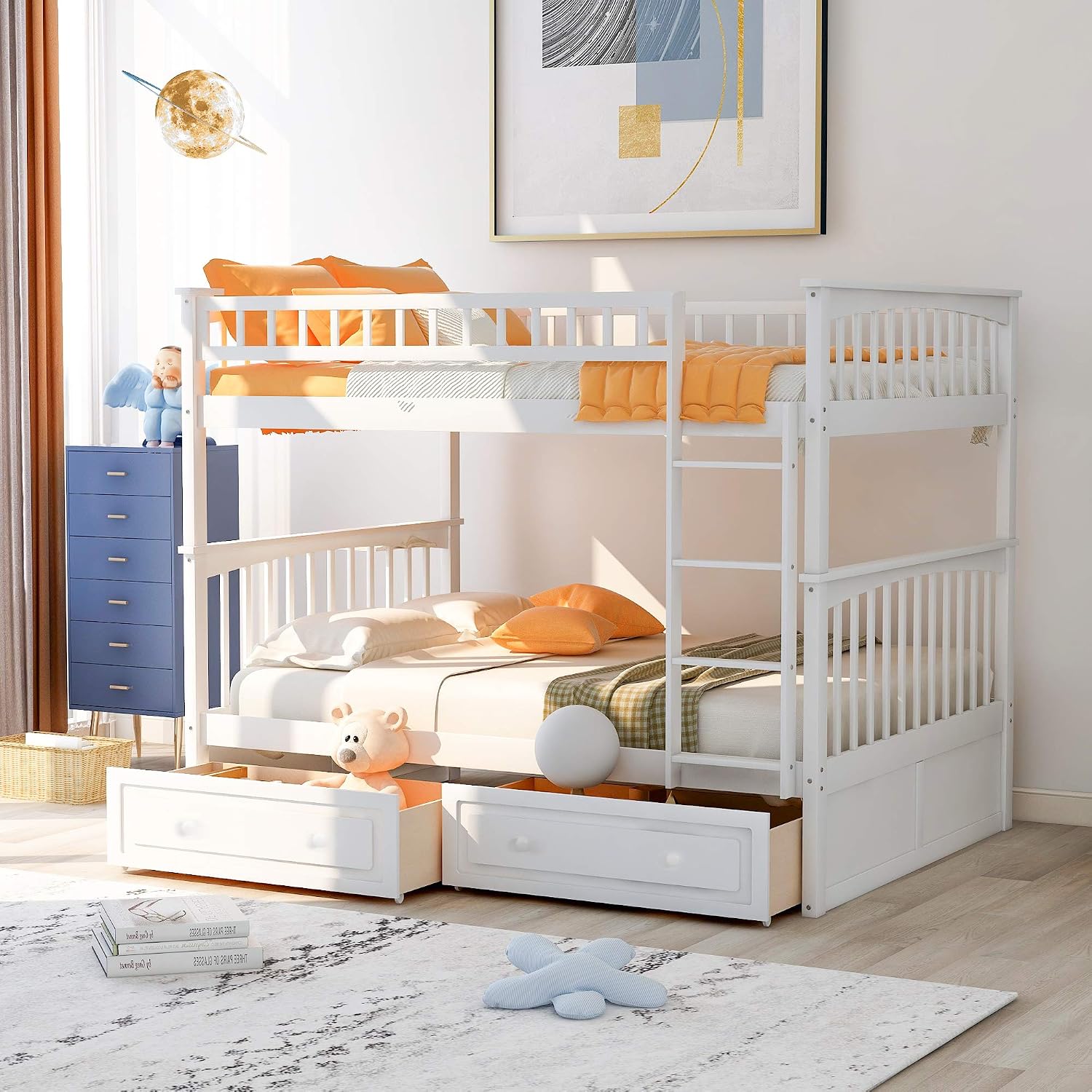 Full Over Full Wood Bunk Bed with Two Storage Drawers, Solid Wood Convertible Storage Bunk Bed Can Be Convertible to 2 Beds, Frame with Ladder, Safety Rail for Teens Adults (Gray)