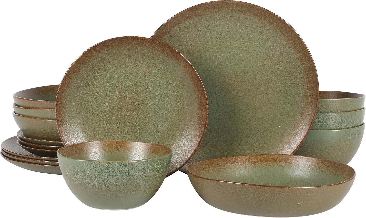 Bloomhouse - Two Time Oprah's Favorite Things Winner - Palermo Sun Double Bowl Stoneware Reactive Glaze Plates and Bowls Dinnerware Set - Cardamom Green, Service for Four (16pcs)