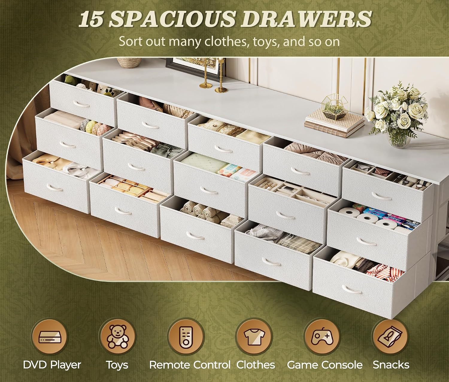 Huuger 78.7 inch Long Dresser for Bedroom, 15 Drawer Fabric Dresser for Closet, Large TV Stand for 65, 75, 85 inch TV, Wide Chest of Drawer with Storage, 78.7' W x 12.9' D x 26.7' H, White
