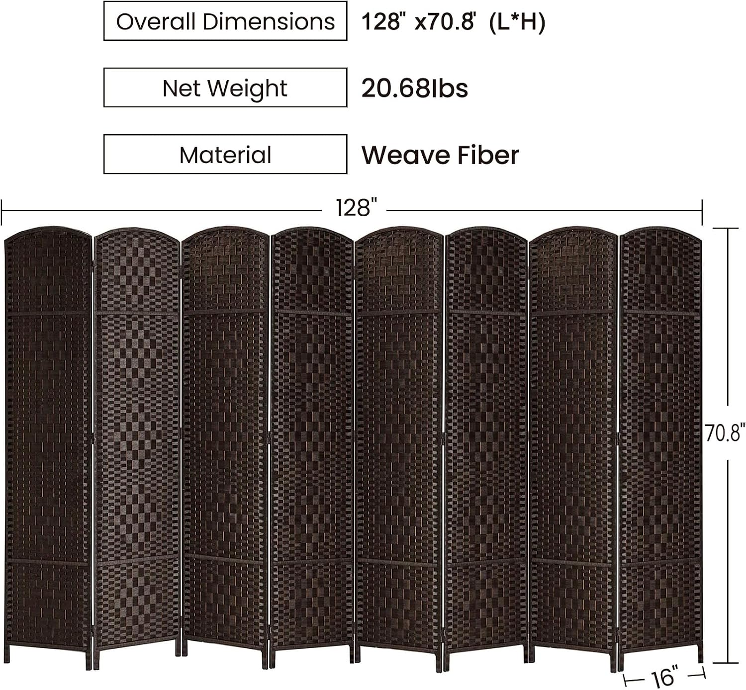 Rose Home Fashion Room Divider, 6 ft Tall Room Dividers and Folding Privacy Screens, 16in Privacy Screen 8 Panel Dark Coffee Space Temporary Wall Foldable Partition Separation
