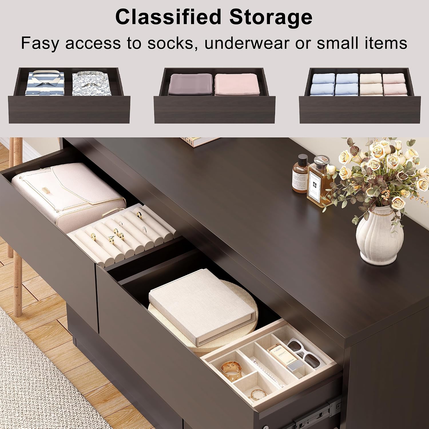 Jocoevol Modern 6 Drawer Dresser Brown Dresser for Bedroom, Simply Chest of Drawers, Wood Storage Dresser with Deep Drawers for Living Room Hallway Entryway, Brown