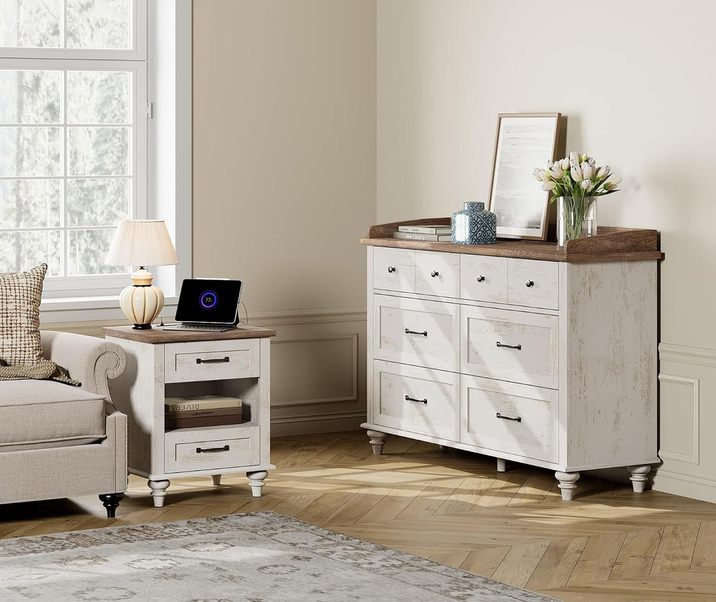 WAMPAT 2 Piece Bedroom Set - Includes 6 Drawer Dresser for Bedroom, Farmhouse Nightstand with Charging Station & Drawers & Cubby, 2 Piece Dresser and Nightstand Sets, Antique White