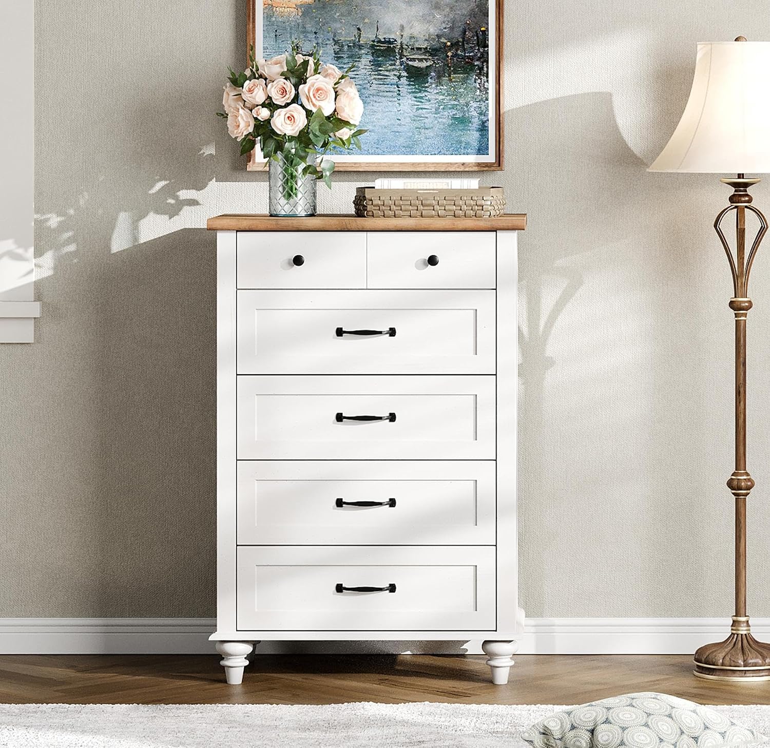 WAMPAT Off White Dresser for Bedroom with 5 Drawers, Tall Kids Dressers with Wide Chest of Drawers, Mid Century Modern Wooden Closet Storage Organizer, Samll Dressers for Living Room, Nursery, Hallway
