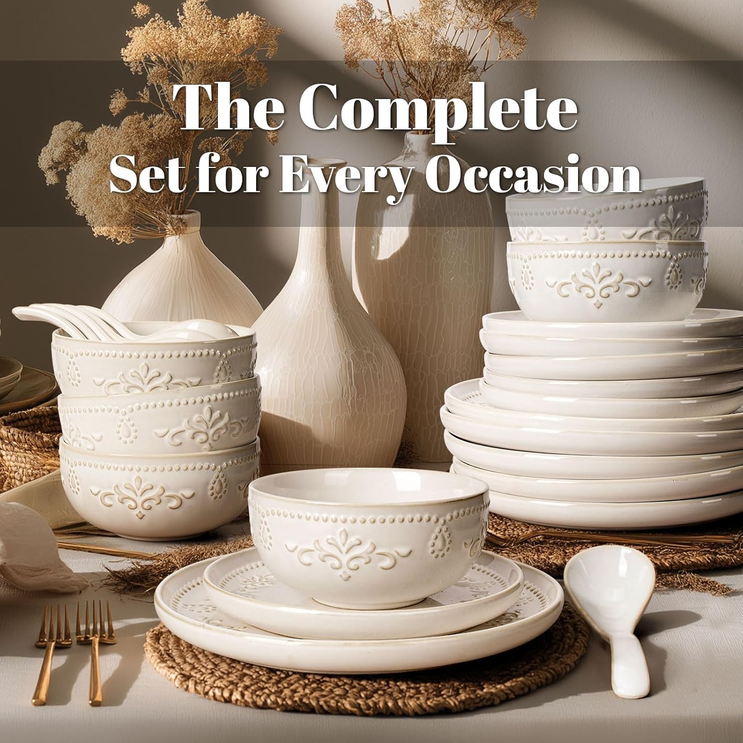 Artena Plates And Bowls Sets, 24 Pieces Dinnerware Sets, Dish Set For 6, Ceramic Kitchen Bowl And Plate Set, Embossed White Dishware Sets, Dishwasher & Microwave Safe (Damask Floral)