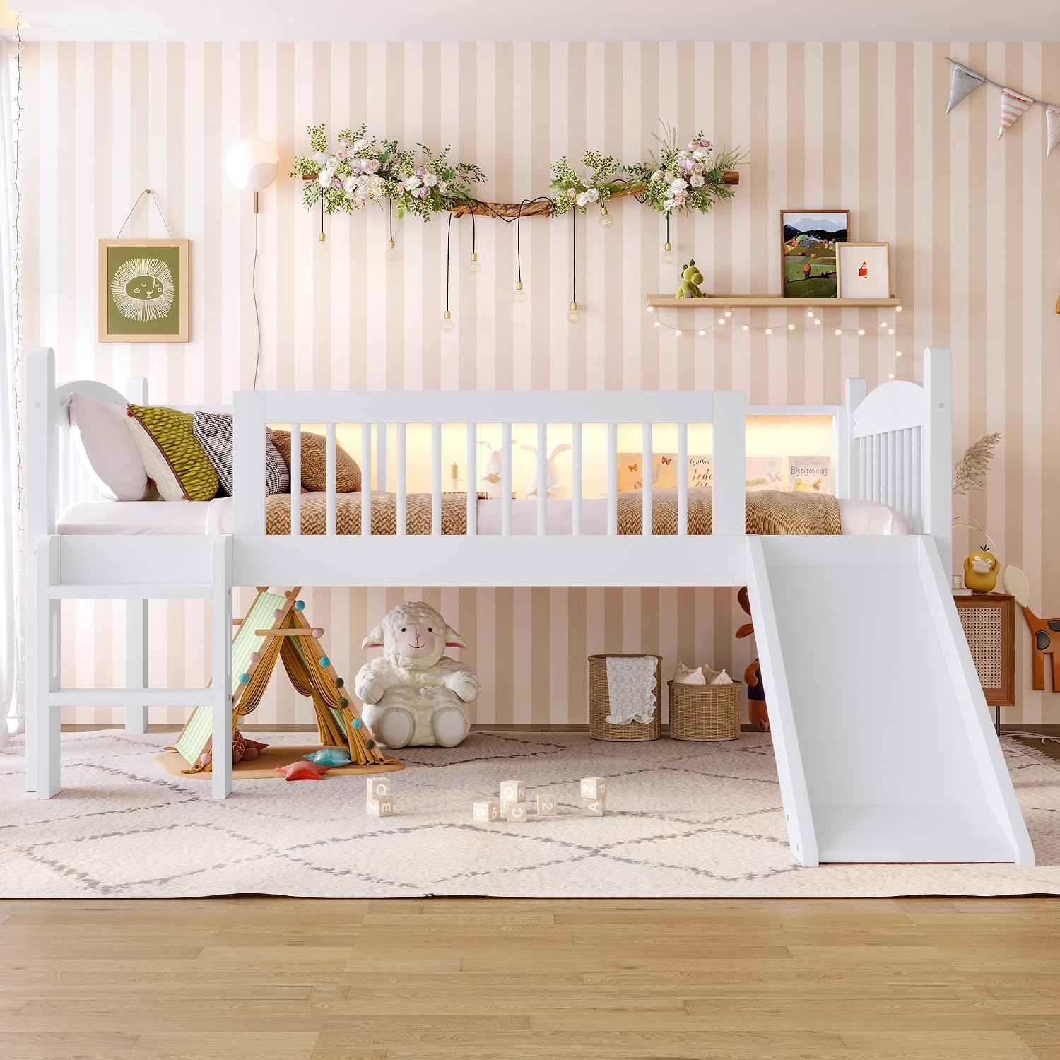 JIVOIT Twin Loft Bed with Storage Shelves, Solid Wood Lower Loft Bed with Full-Length Guardrails, Wood Slats Support, Space-Saving Design, No Box Spring Needed (White,Twin,51)
