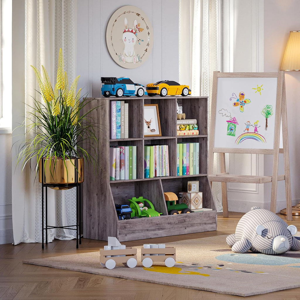 DINZI LVJ Toy Storage Organizer, Kids Bookshelf, Wood Toy Storage Cabinet, 3-Tier 8 Cubby Children Bookcase, 39.4' L Toddler Book Shelf for Playroom, Living Room, Nursery, Hallway, Classroom, Greige