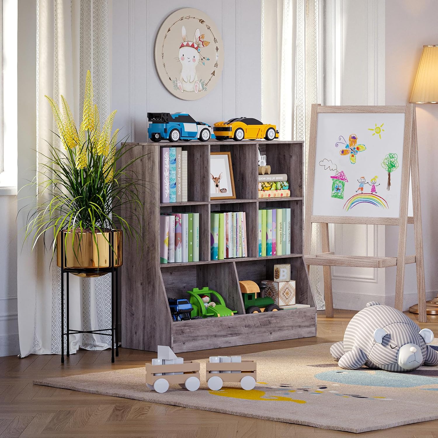 DINZI LVJ Toy Storage Organizer, Kids Bookshelf, Wood Toy Storage Cabinet, 3-Tier 8 Cubby Children Bookcase, 39.4' L Toddler Book Shelf for Playroom, Living Room, Nursery, Hallway, Classroom, Greige