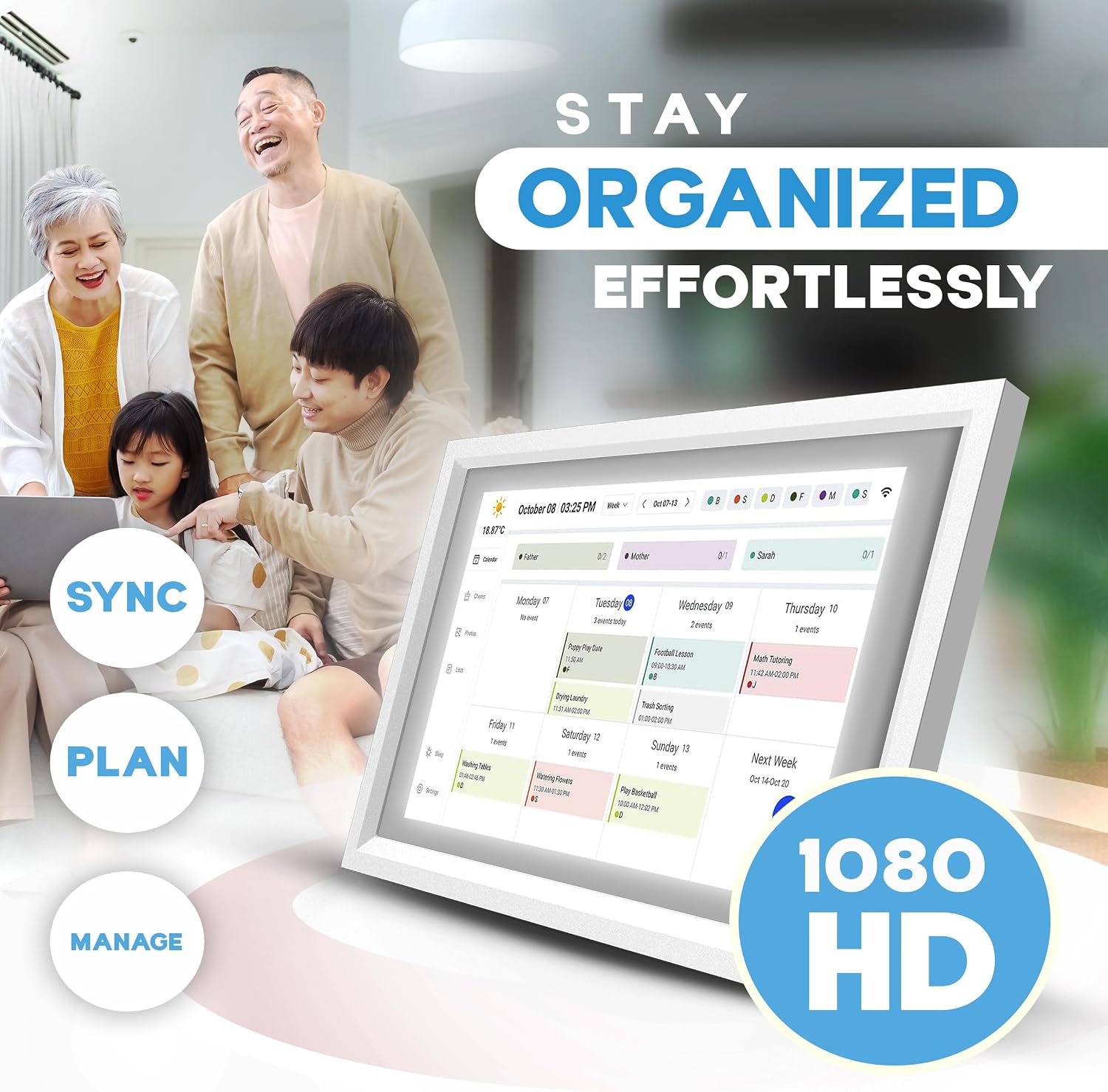 15.6 Inch Digital Calendar with Wall Mount Option, HD Touchscreen Planner, Wi-Fi sync, Color Coded Scheduling, Meal Planning, Chore Chart for Family and Home Organization
