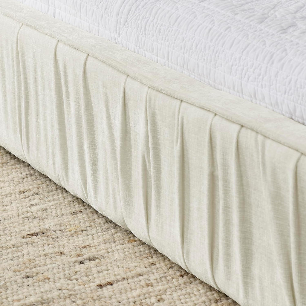 KLMM Queen Size Upholstered Bed Frame with Chenille Fabric with Pleated Design,Grounded Platform Bed with Headboard and Solid Frame,for Bedroom Use (Beige/Chenille, Queen)