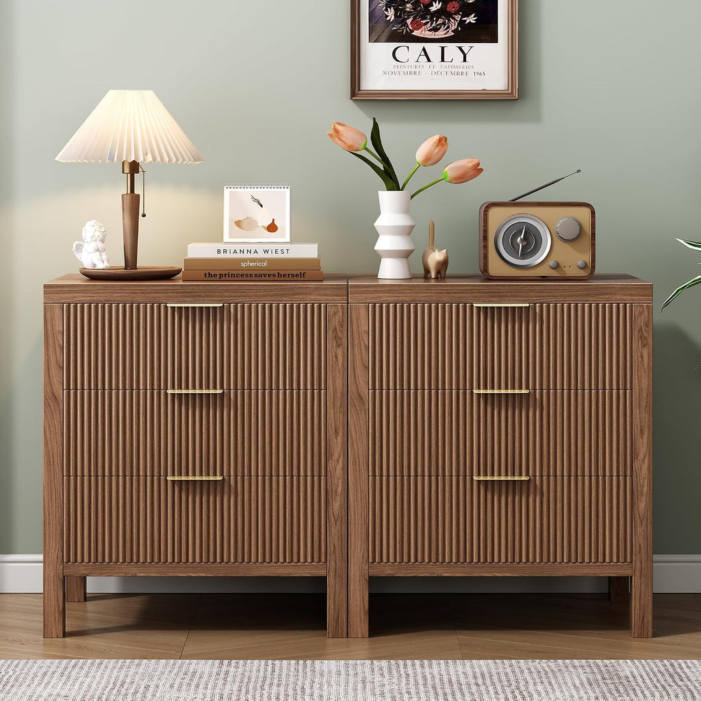 Nightstand with 6 Drawers, Dresser and Nightstand Sets, Bedside Tables, Mid Century Nightstands with 6 Wide Drawers for Bedroom, Kids' Room, Hallway, （Walnut X 2pcs）