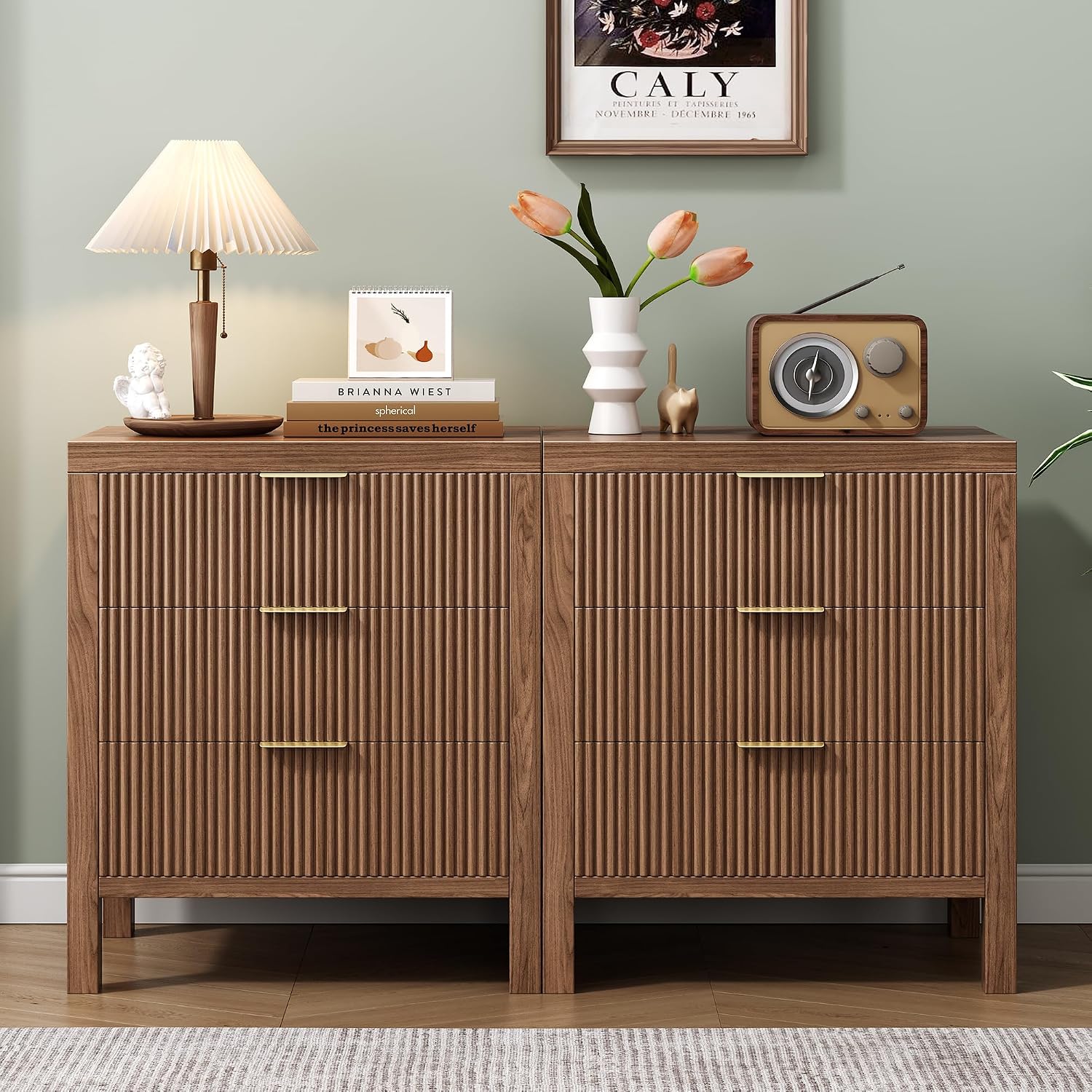 Nightstand with 6 Drawers, Dresser and Nightstand Sets, Bedside Tables, Mid Century Nightstands with 6 Wide Drawers for Bedroom, Kids' Room, Hallway, （Walnut X 2pcs）