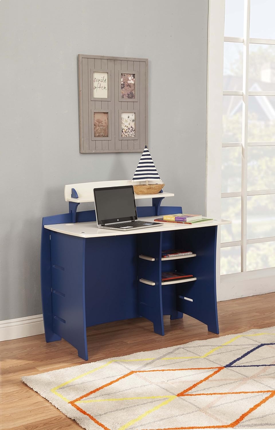 Legaré Furniture Children's Desk with Shelves and File Cart Set for Kids, Blue Race Car Series Desk, Blue and White