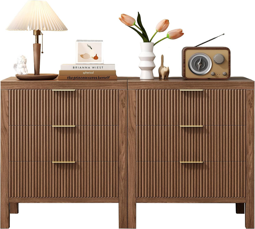 6 Drawer Dresser for Bedroom, Large Fluted with Wide Drawers and Golden Handles, Storage Organizer, Modern Wooden Dresser Chest for Bedroom Living Room, Walnut