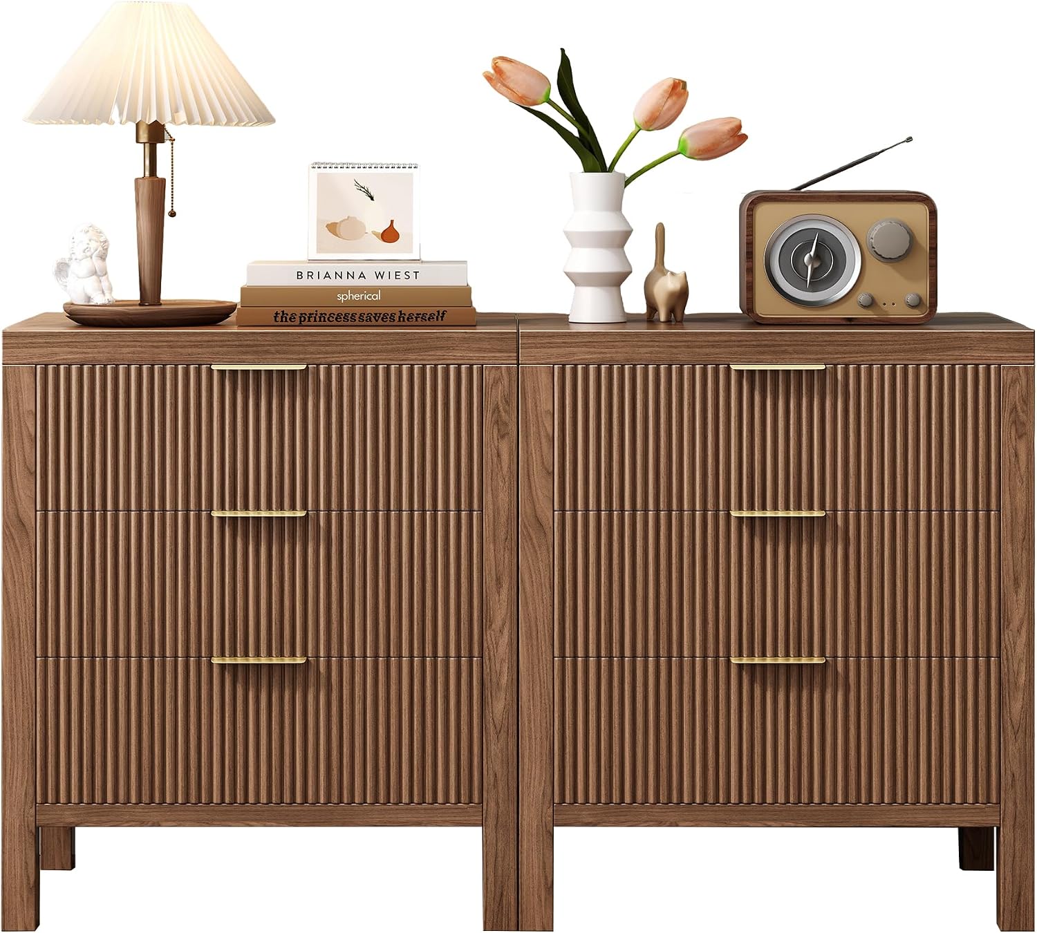 6 Drawer Dresser for Bedroom, Large Fluted with Wide Drawers and Golden Handles, Storage Organizer, Modern Wooden Dresser Chest for Bedroom Living Room, Walnut