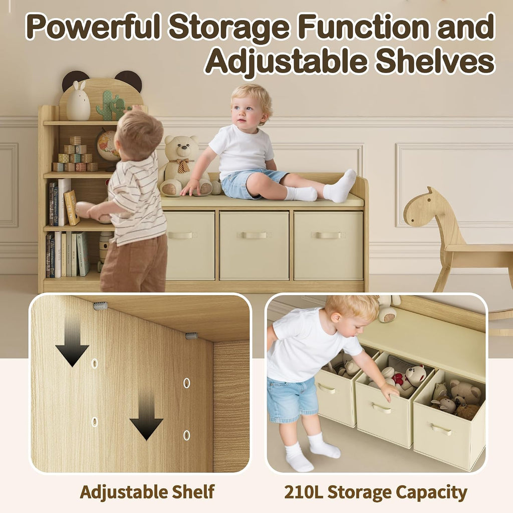 Reading Nook for Kids Bookshelf Bench and Toy Storage with Adjustable Shelves and Seat Cushion Toddler Book Shelf for Bed Room,Nursery Kids Reading Nook