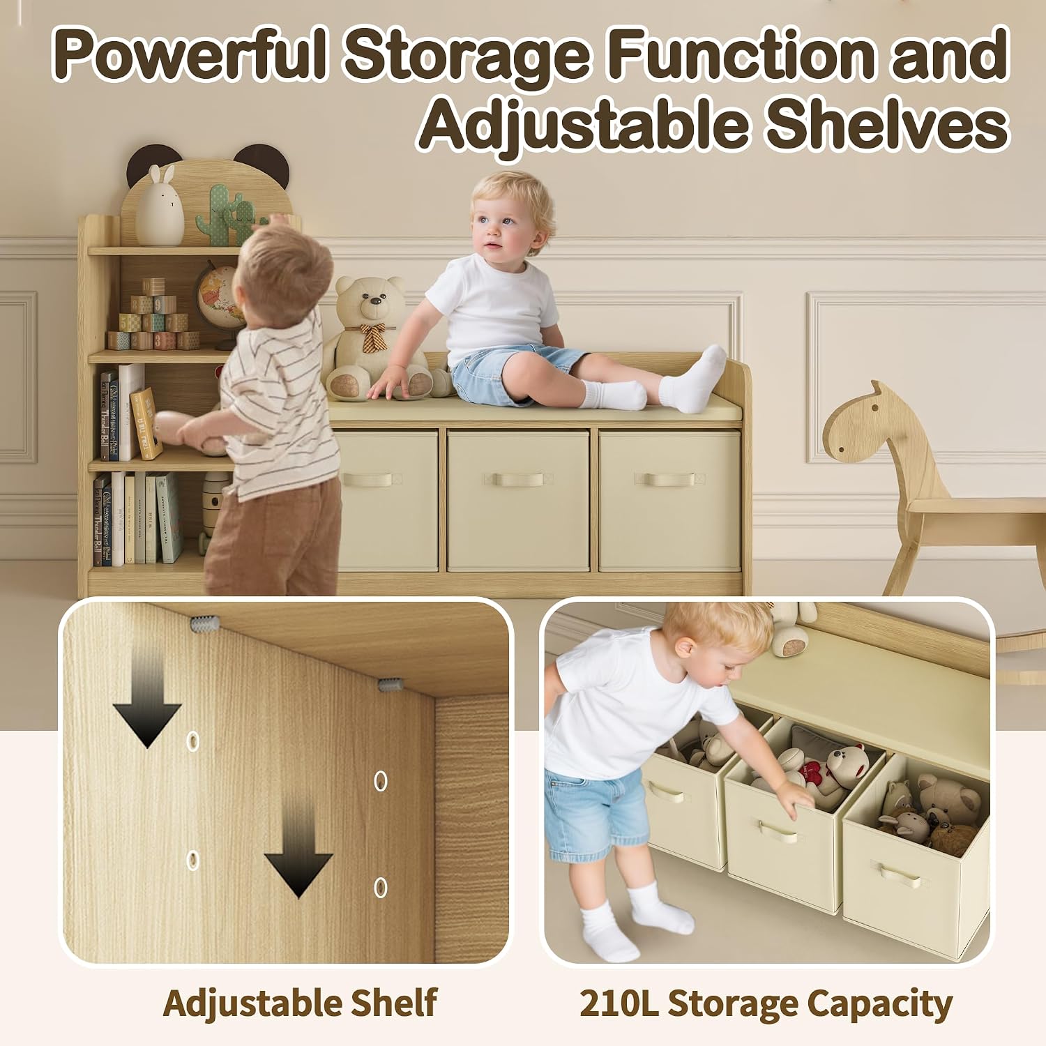 Reading Nook for Kids Bookshelf Bench and Toy Storage with Adjustable Shelves and Seat Cushion Toddler Book Shelf for Bed Room,Nursery Kids Reading Nook