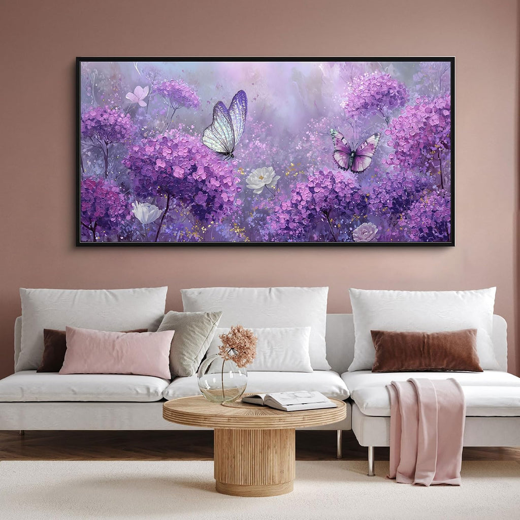 yiijeah Purple Wall Art Bedroom Canvas Lavender Bathroom Decor Butterfly Picture Items for Women Framed Artwork Print 48x24 Inches