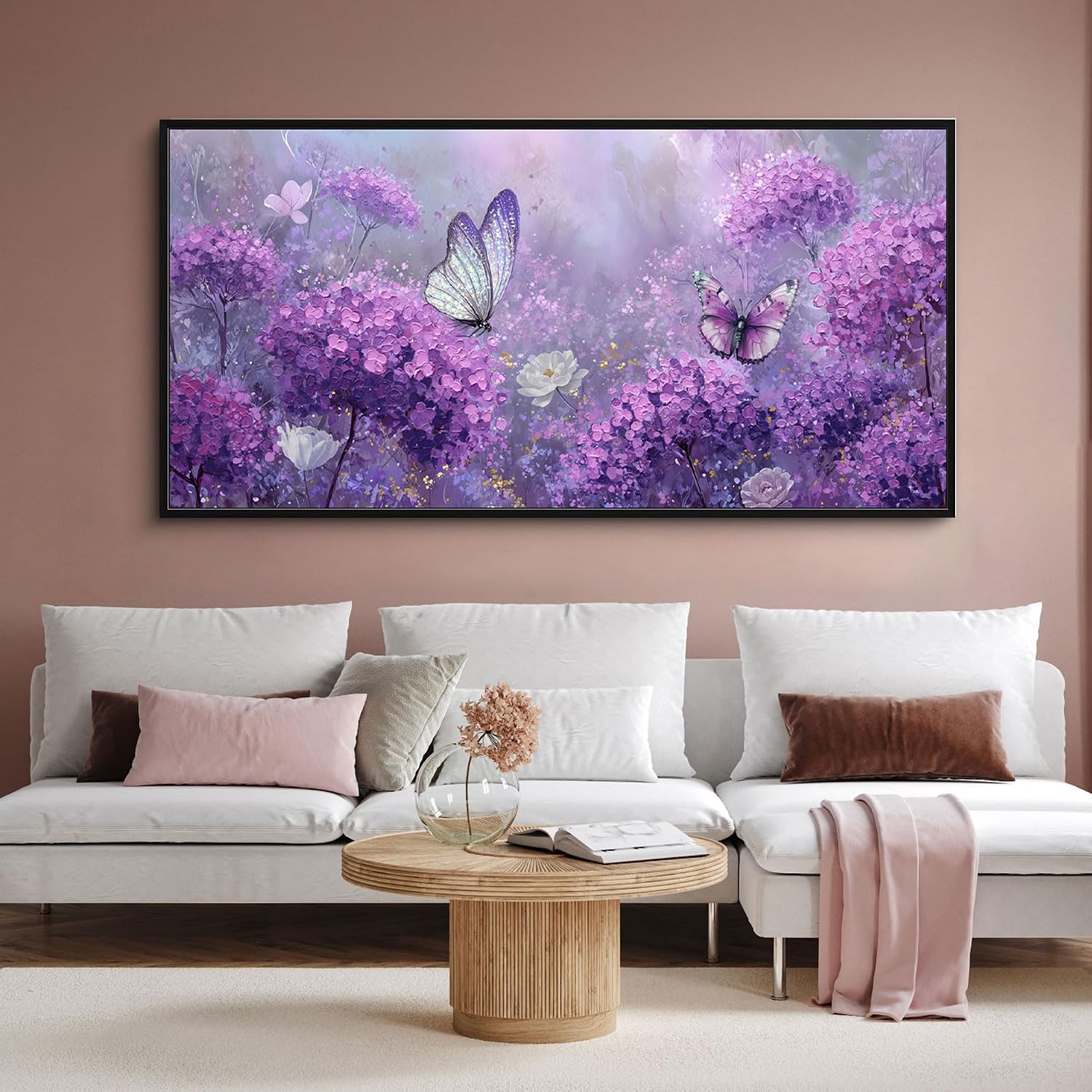 yiijeah Purple Wall Art Bedroom Canvas Lavender Bathroom Decor Butterfly Picture Items for Women Framed Artwork Print 48x24 Inches