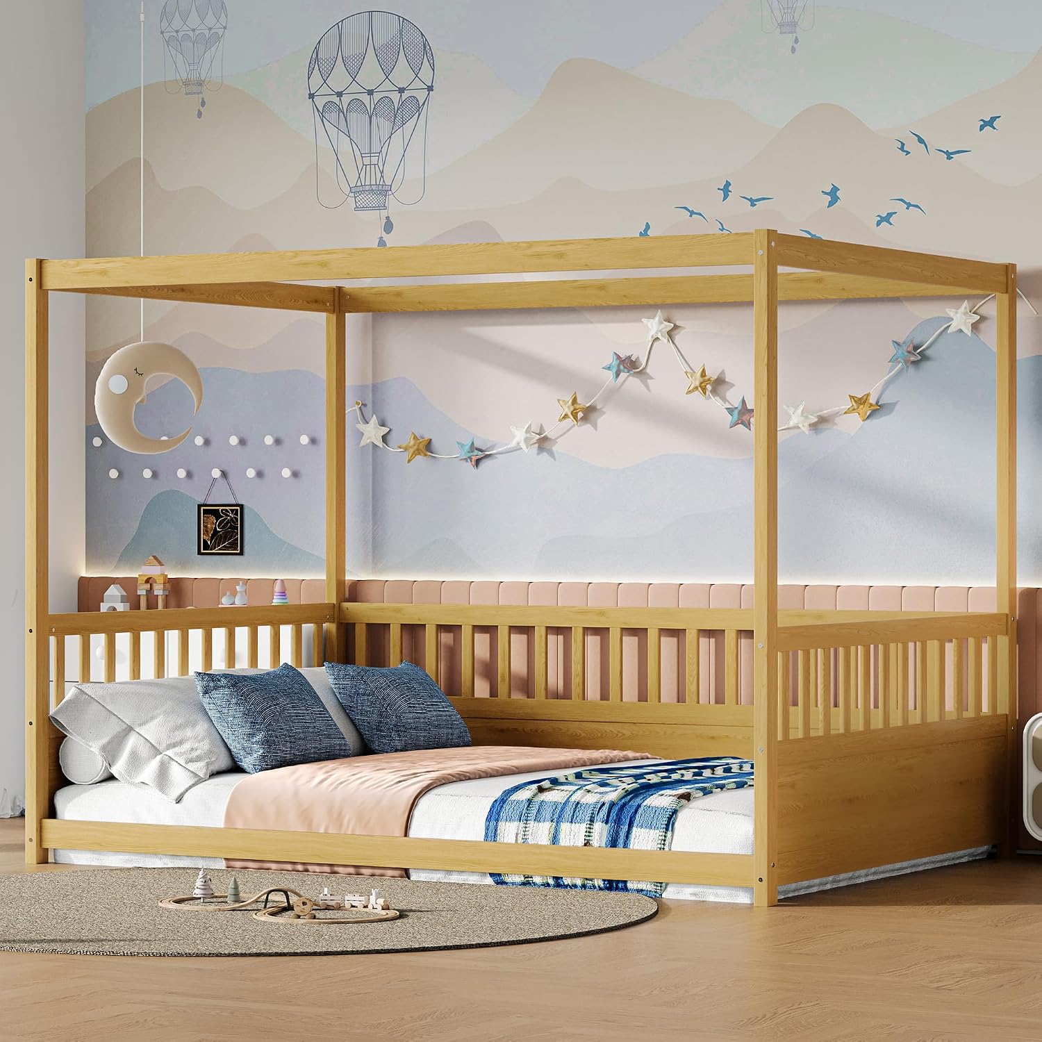 Full Size Canopy Bed Frame with Guardrails,Floor Bed Full with Four Poster Design,Montessori Floor Bed,Wood Canopy Bed Frame for Girls,Boys(Full,Natural)