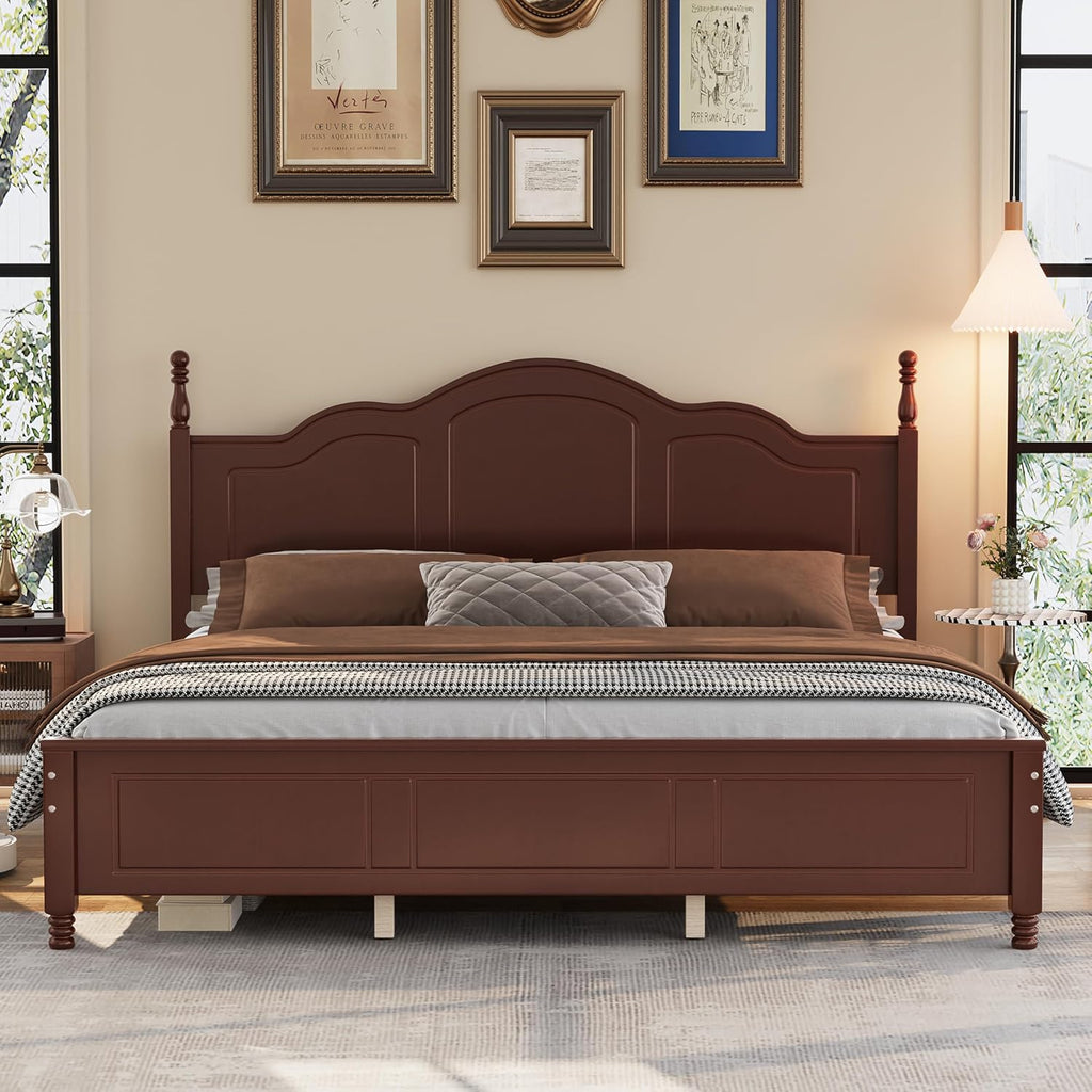 JIVOIT Wood King Bed Frame with Headboard and Footboard, Retro Style Platform Bed with Wooden Slat Support, Solid Wood Foundation, King Size Wooden Bed Frame (Dark Walnut,King Bed, 1)
