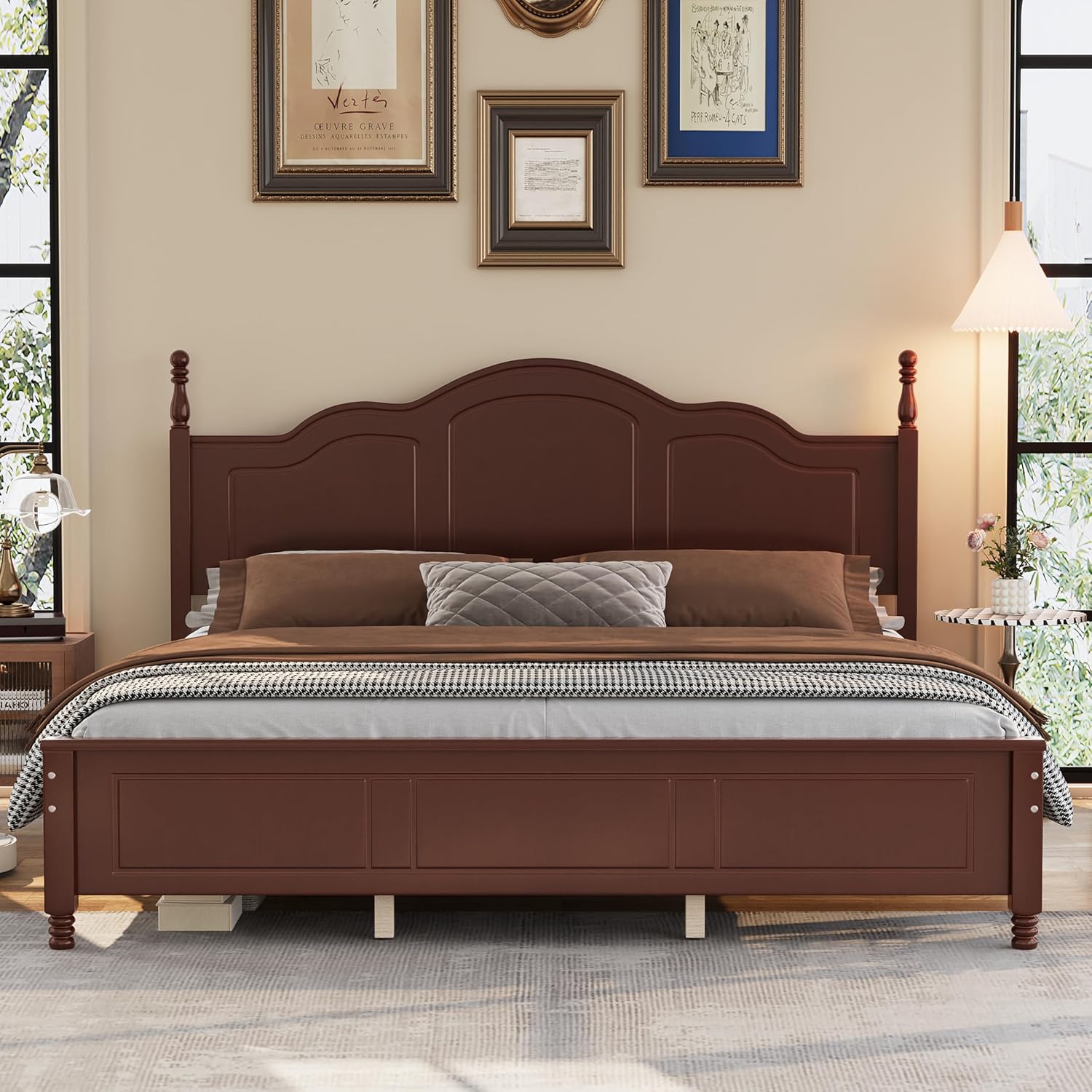 JIVOIT Wood King Bed Frame with Headboard and Footboard, Retro Style Platform Bed with Wooden Slat Support, Solid Wood Foundation, King Size Wooden Bed Frame (Dark Walnut,King Bed, 1)