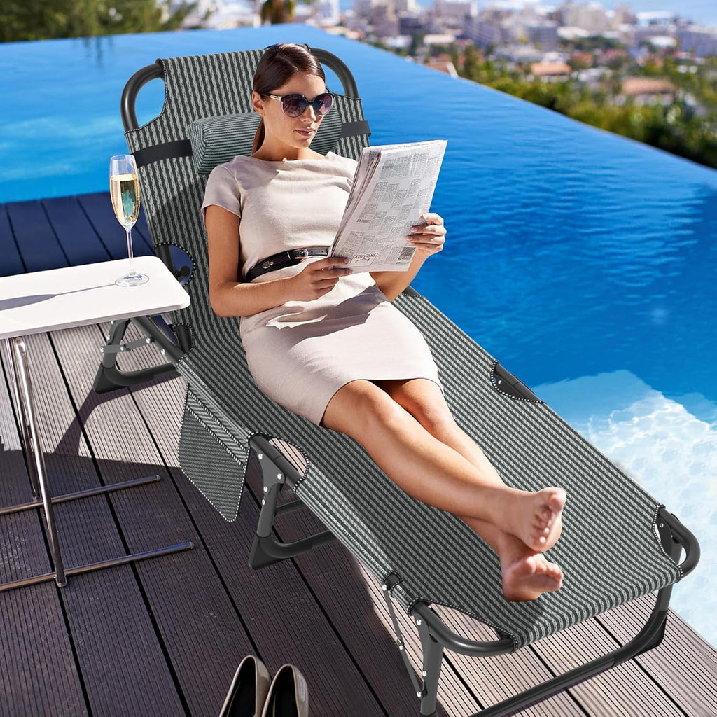 LILYPELLE Folding Outside Chaise Lounge Chair with Mattress, 5 Position Adjustable Patio Folding Lounge Chair Reclining Chairs Perfect for Sunbathing, Camping, Pool, Beach, Patio