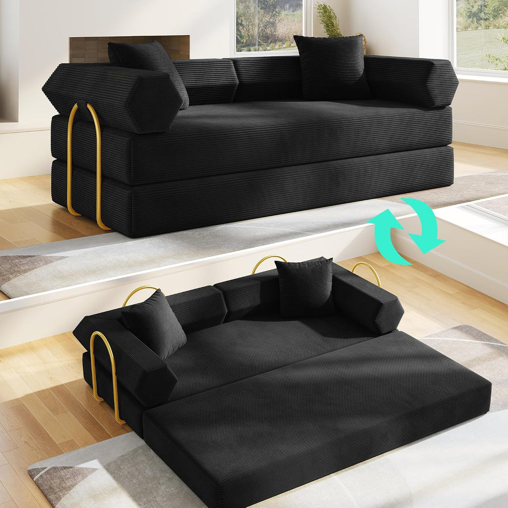 79'' Convertible Sofa Bed, 5-in-1 Folding Sleeper Couch with Pull Out Bed, Corduroy Modular Floor Sofa, No Assembly Space Saving Guest Bed for Living Room Apartment Bedroom (Black)